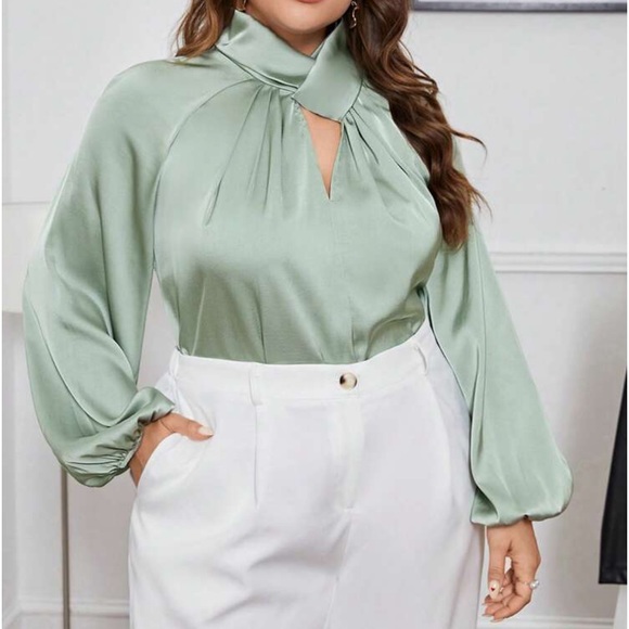 Classic Elegant Plus Size Twisted Neckline Work Office Top Blouse Shirt Green - Picture 4 of 5